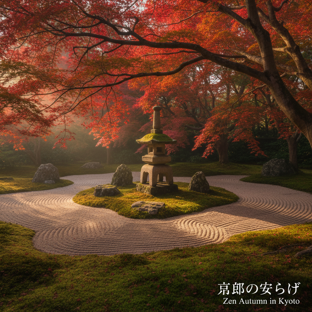 교토의 고요한 젠 스타일 정원, 붉게 물든 단풍나무 아래 이끼 낀 돌탑과 모래 파동이 어우러진 평화로운 가을 풍경, 4k 고해상도 시네마틱 조명.
