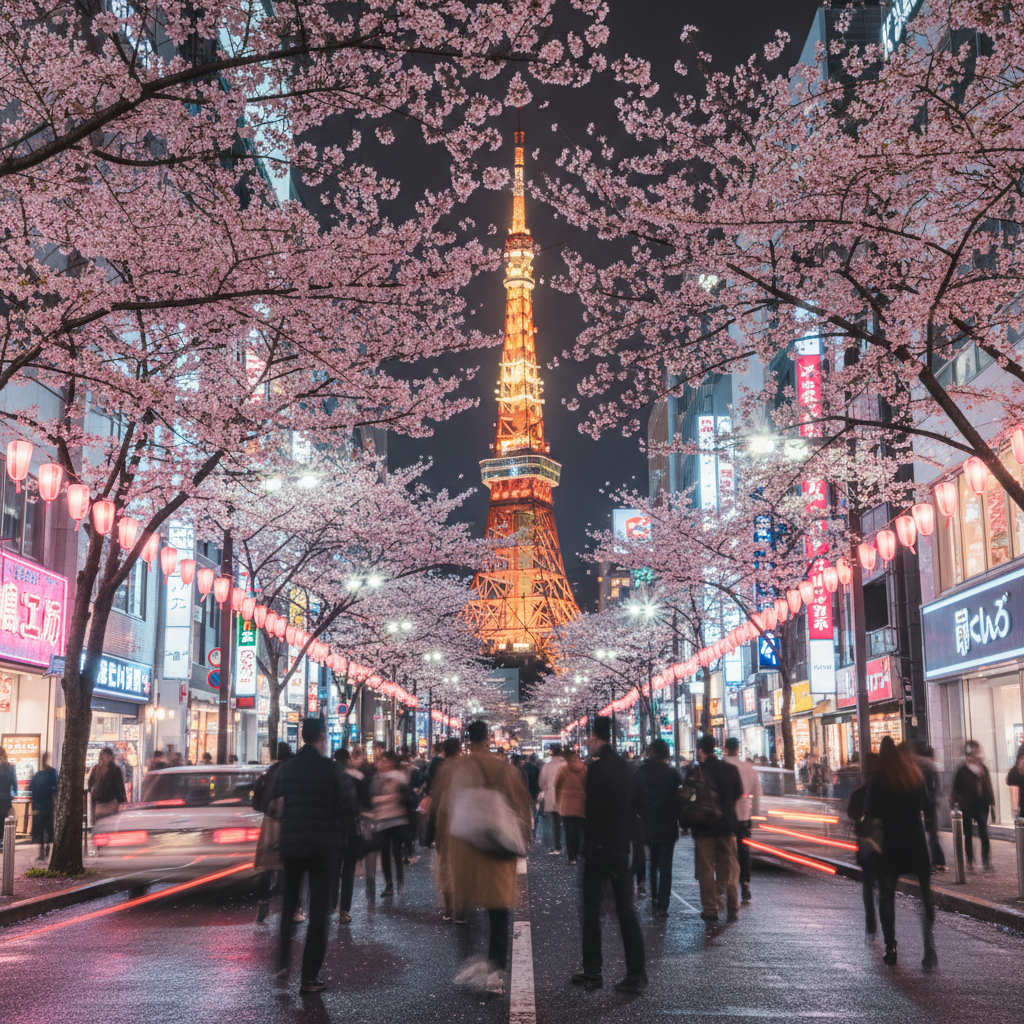 분홍빛 벚꽃이 만개한 도쿄의 밤거리, 조명이 켜진 도쿄 타워가 배경으로 보이고 보행자들이 활기차게 움직이는 도시적인 미학.