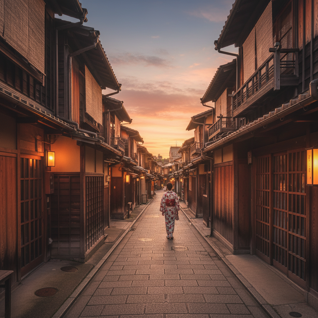 해 질 녘 교토 기온 거리의 좁은 골목길, 은은한 등불 조명이 비치는 전통 목조 가옥들과 멀리 보이는 기모노를 입은 여행객의 뒷모습.