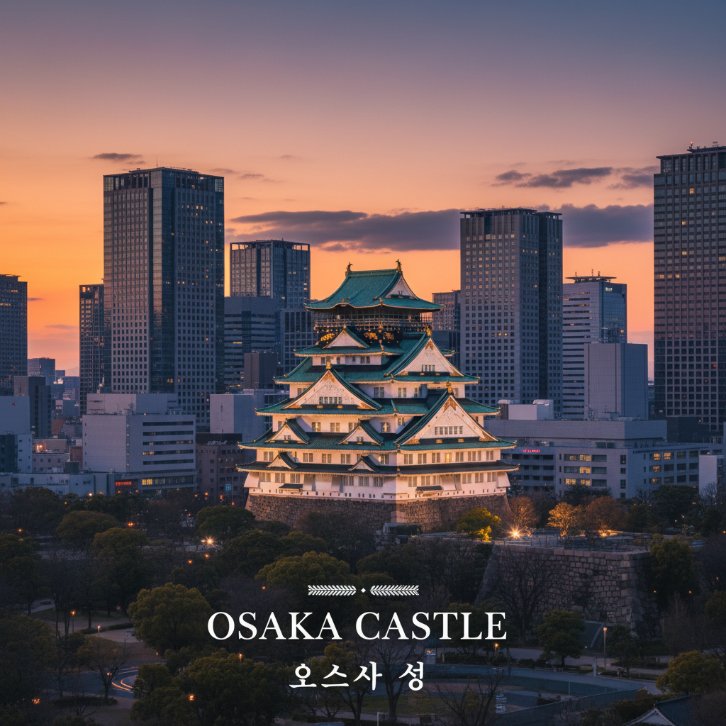 오사카 성의 천수각이 황금빛 석양을 받아 빛나는 모습, 주변의 현대적인 빌딩 숲과 대비되는 역사적인 건축물의 웅장함을 담은 광각 사진.