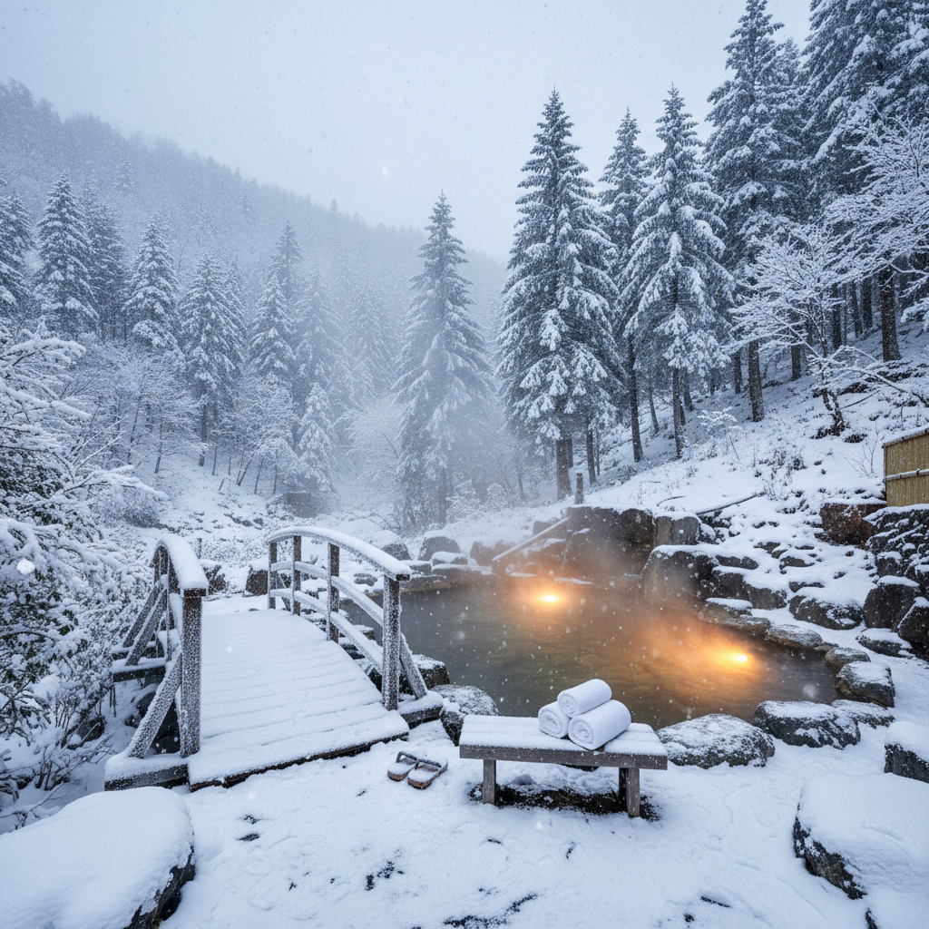 눈 내리는 추운 겨울, 산속에 위치한 노천 온천에서 올라오는 따뜻한 증기와 주변 숲의 설경이 어우러진 힐링과 휴식의 이미지.